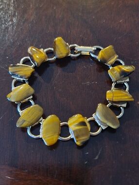 Vintage Tiger's Eye Gemstone Gold Tone Link Bracelet 7.25" MCM Retro June Gemini
